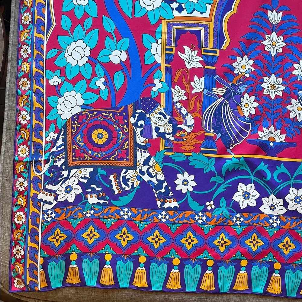 Ferragamo Salvatore Fo Rajastan Large Silk Scarf Tree Elephant Sun